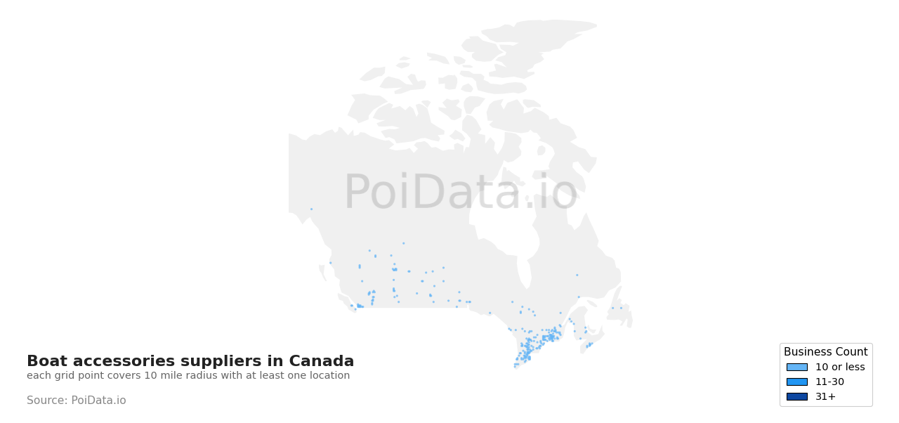 Boat accessories supplier density map for British Columbia, Canada