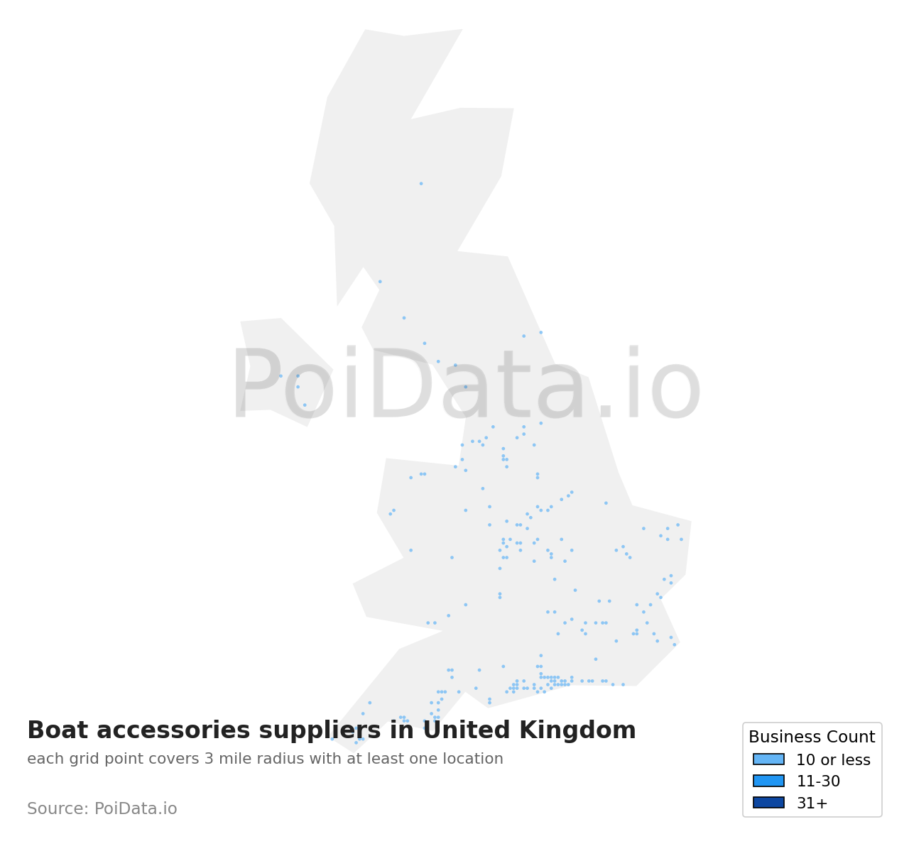 Boat accessories supplier density map for United Kingdom