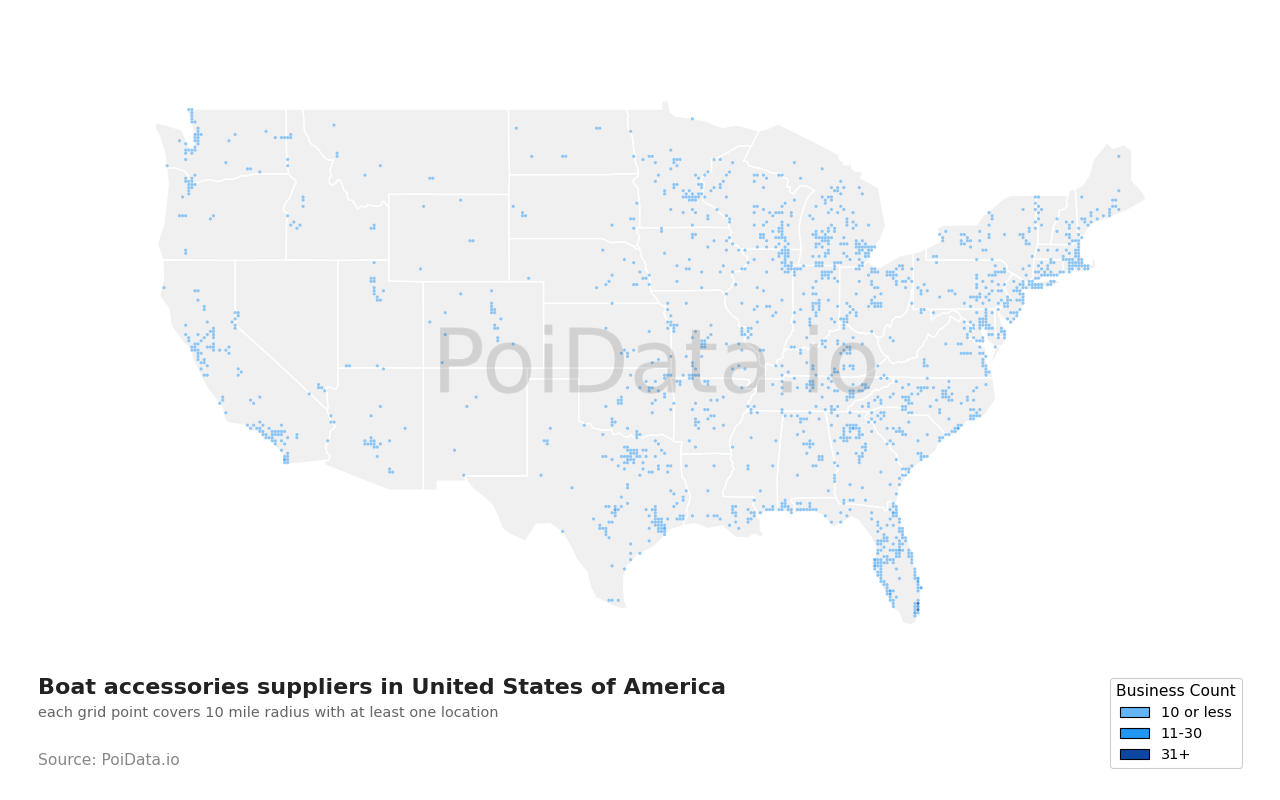 Boat accessories supplier density map for Indiana, United States