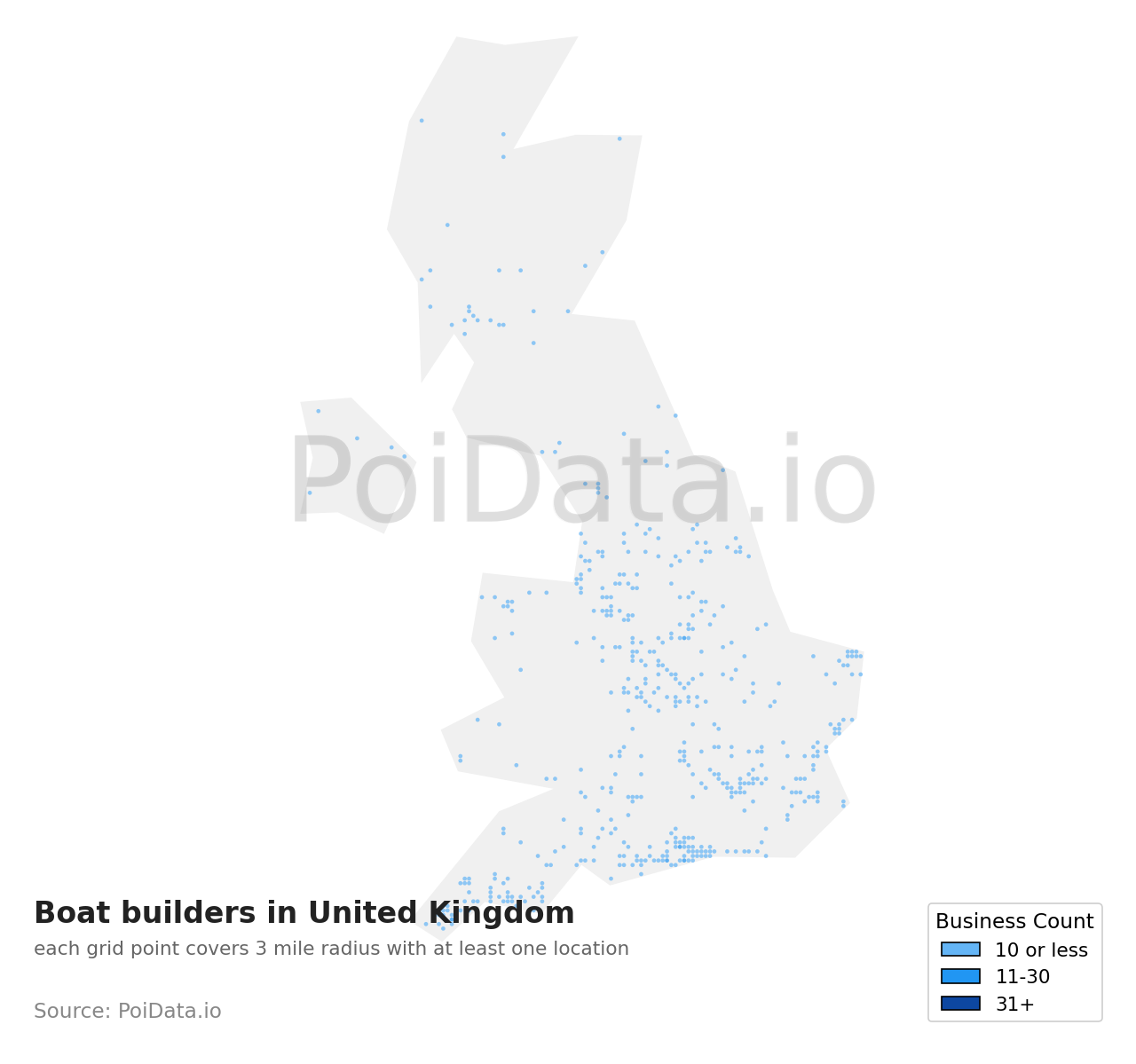 Boat builders density map for United Kingdom