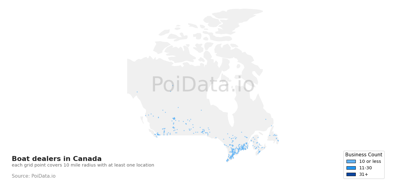 Boat dealer density map for Canada
