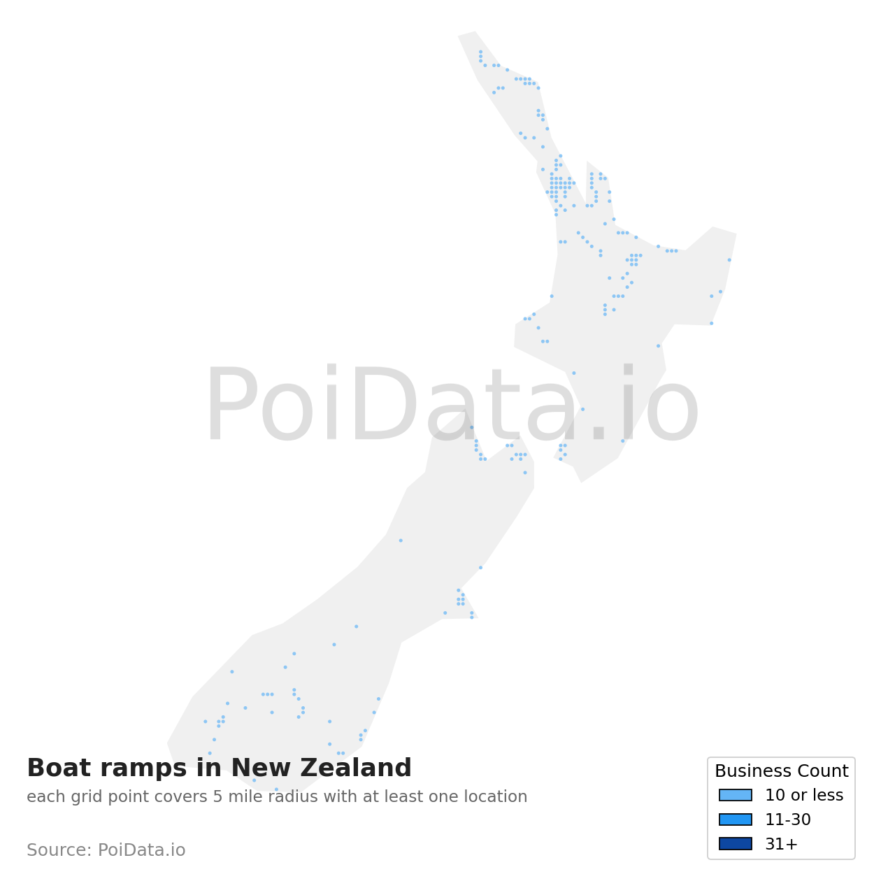 Boat ramp density map for New Zealand