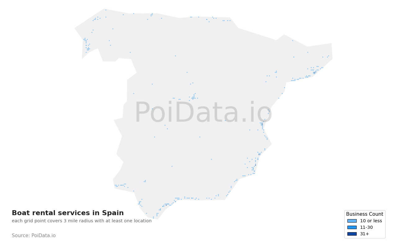 Boat rental service density map for Spain