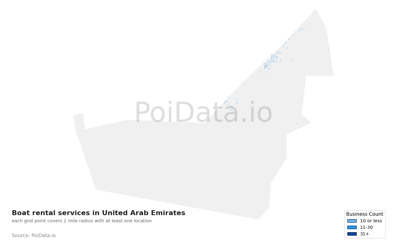 Boat rental service density map for United Arab Emirates