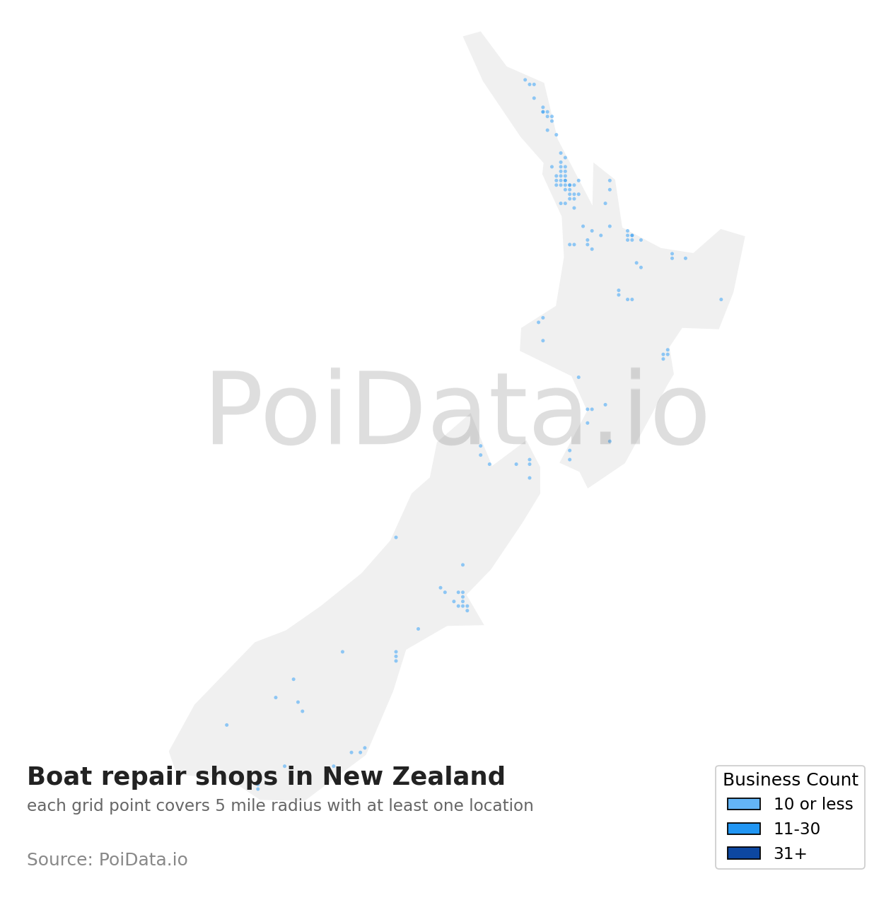 Boat repair shop density map for New Zealand