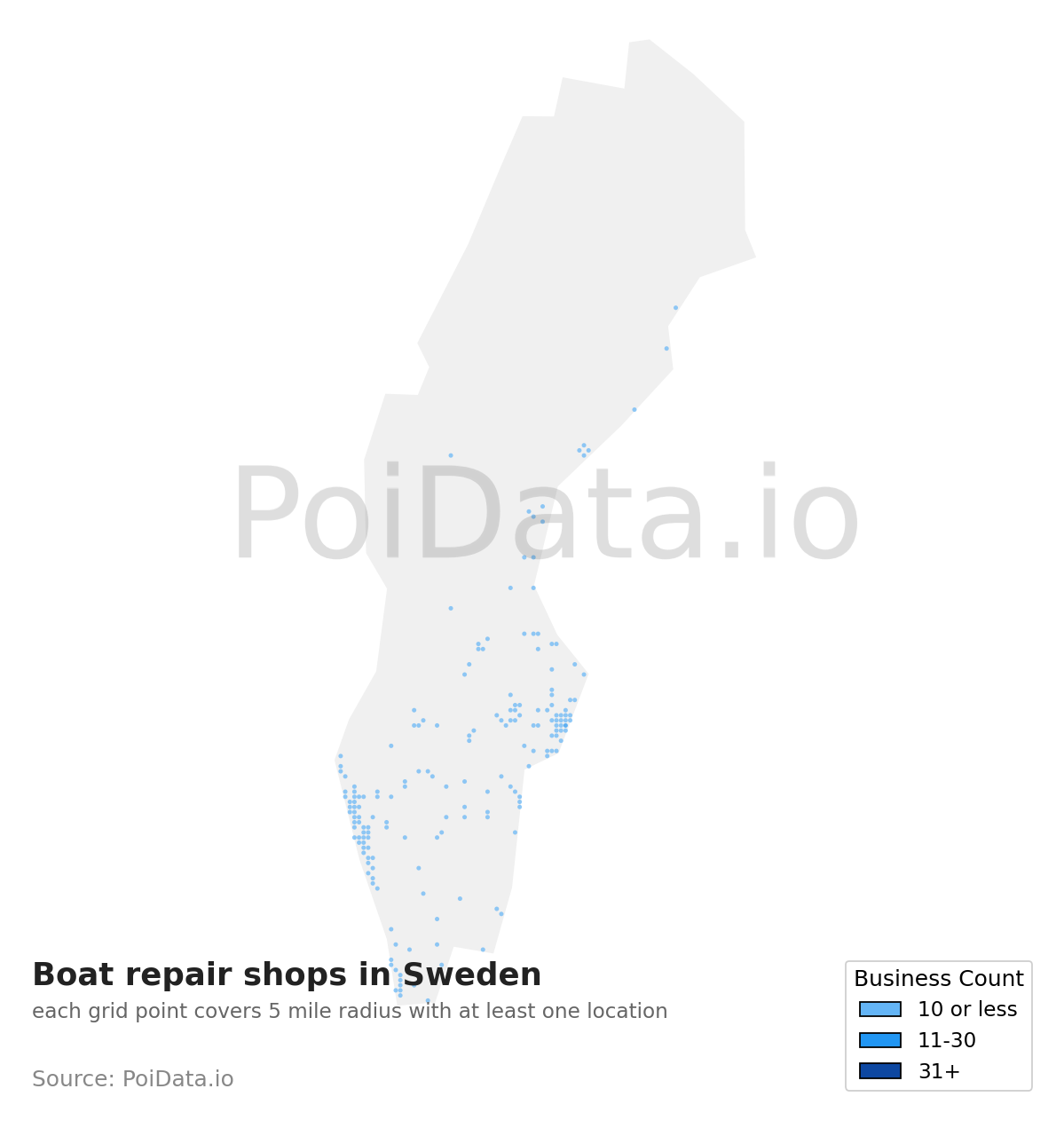 Boat repair shop density map for Sweden