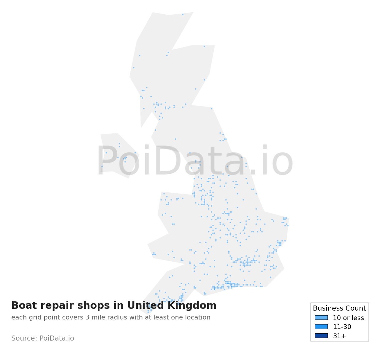 Boat repair shop density map for United Kingdom
