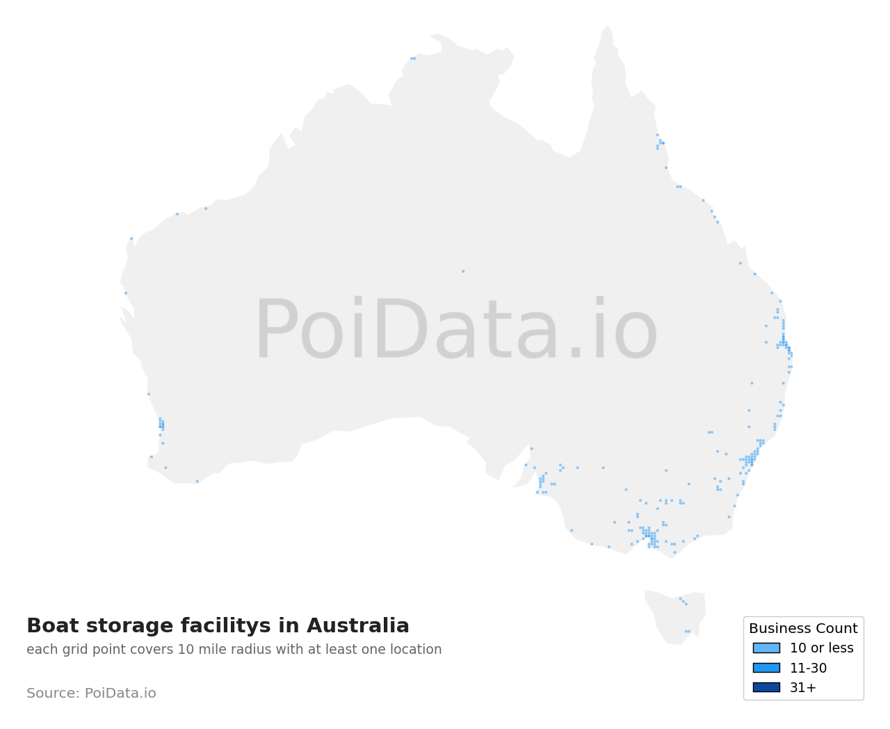 Boat storage facility density map for Western Australia, Australia