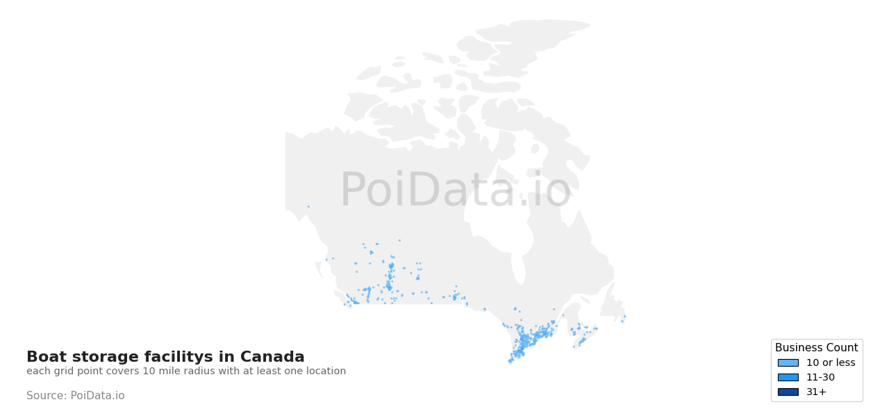 Boat storage facility density map for Alberta, Canada