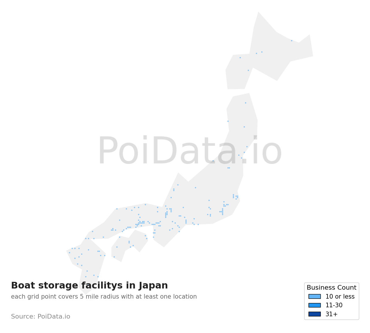Boat storage facility density map for Japan