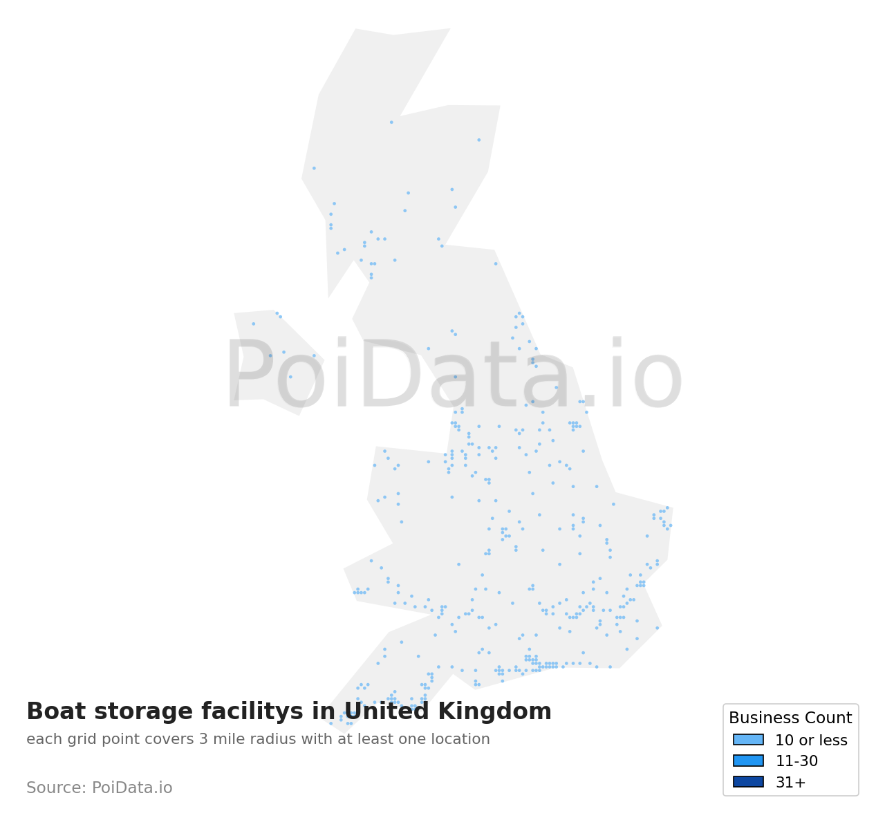 Boat storage facility density map for United Kingdom