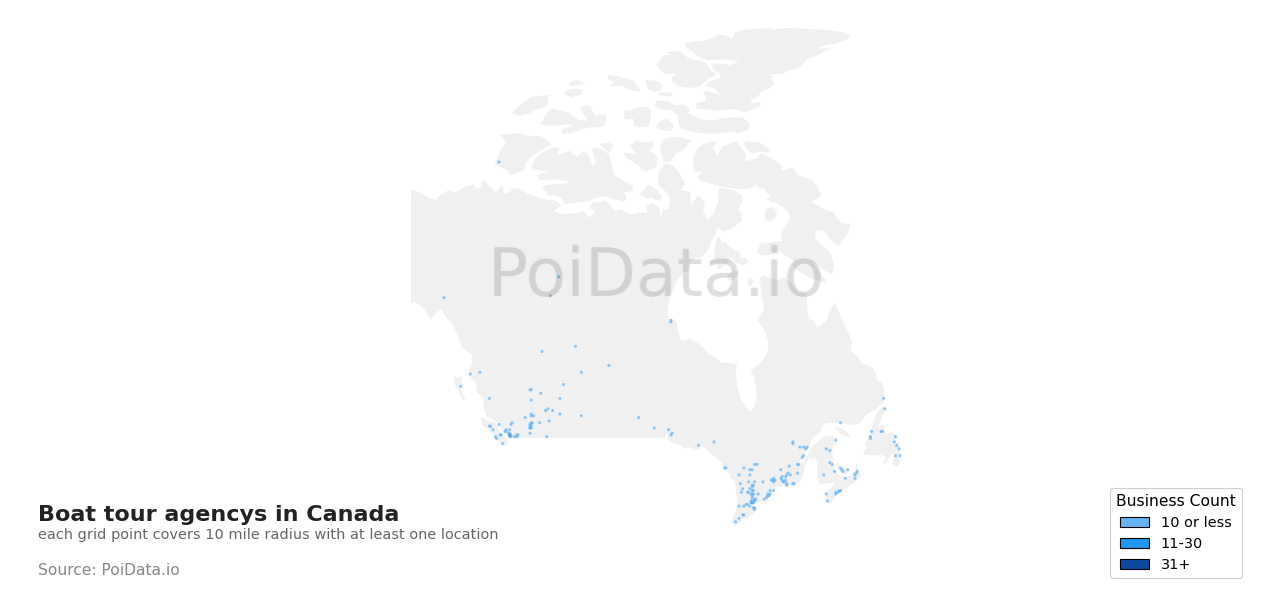 Boat tour agency density map for British Columbia, Canada