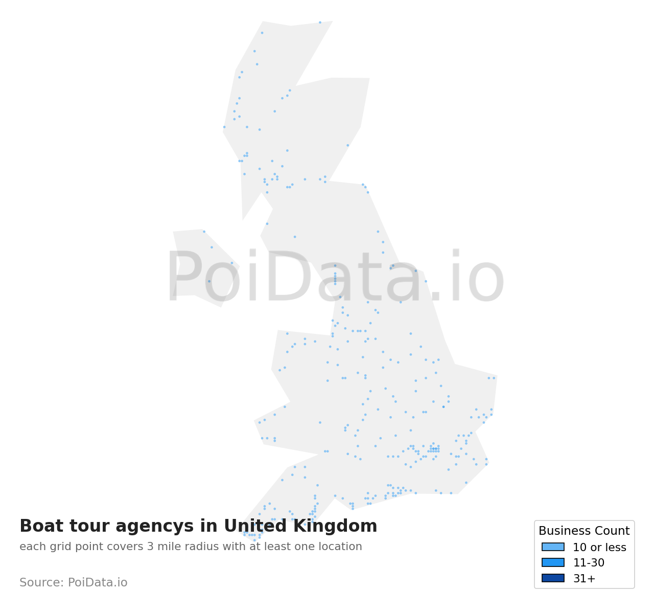 Boat tour agency density map for United Kingdom
