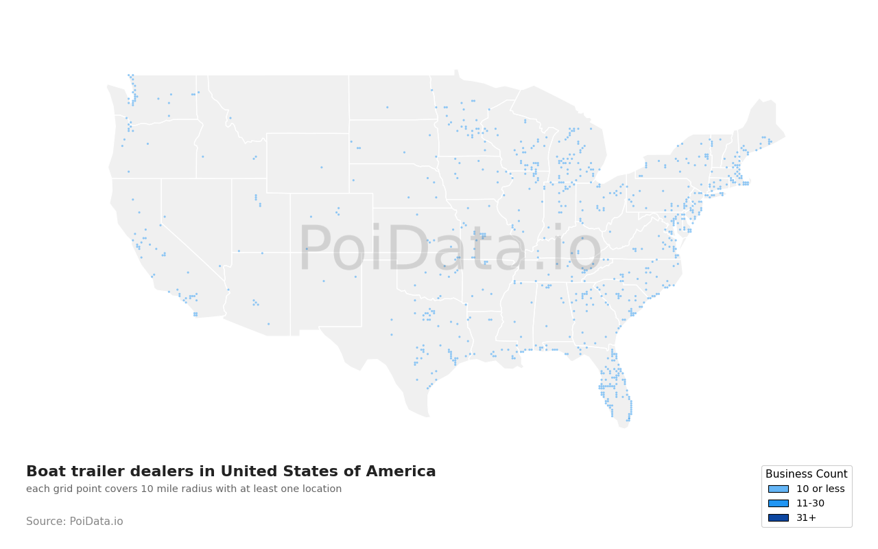Boat trailer dealer density map for United States