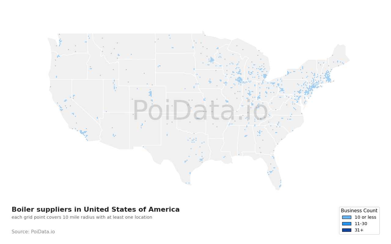 Boiler supplier density map for Florida, United States