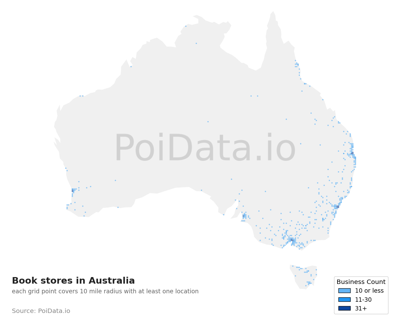 Book store density map for Australia