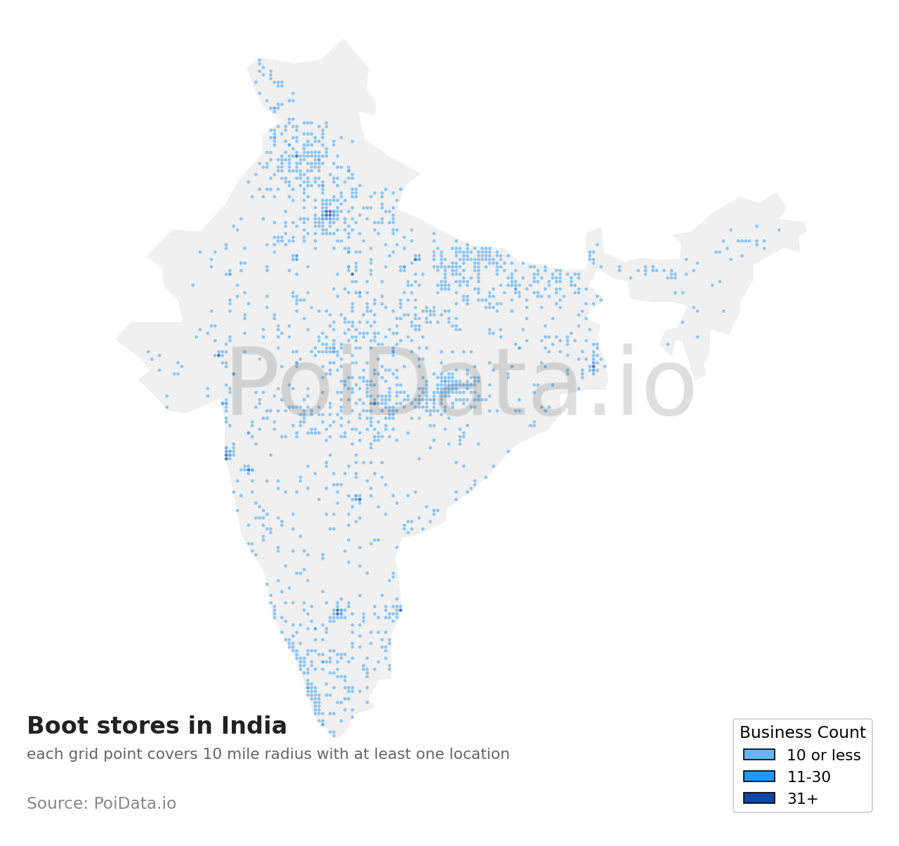 Boot store density map for India