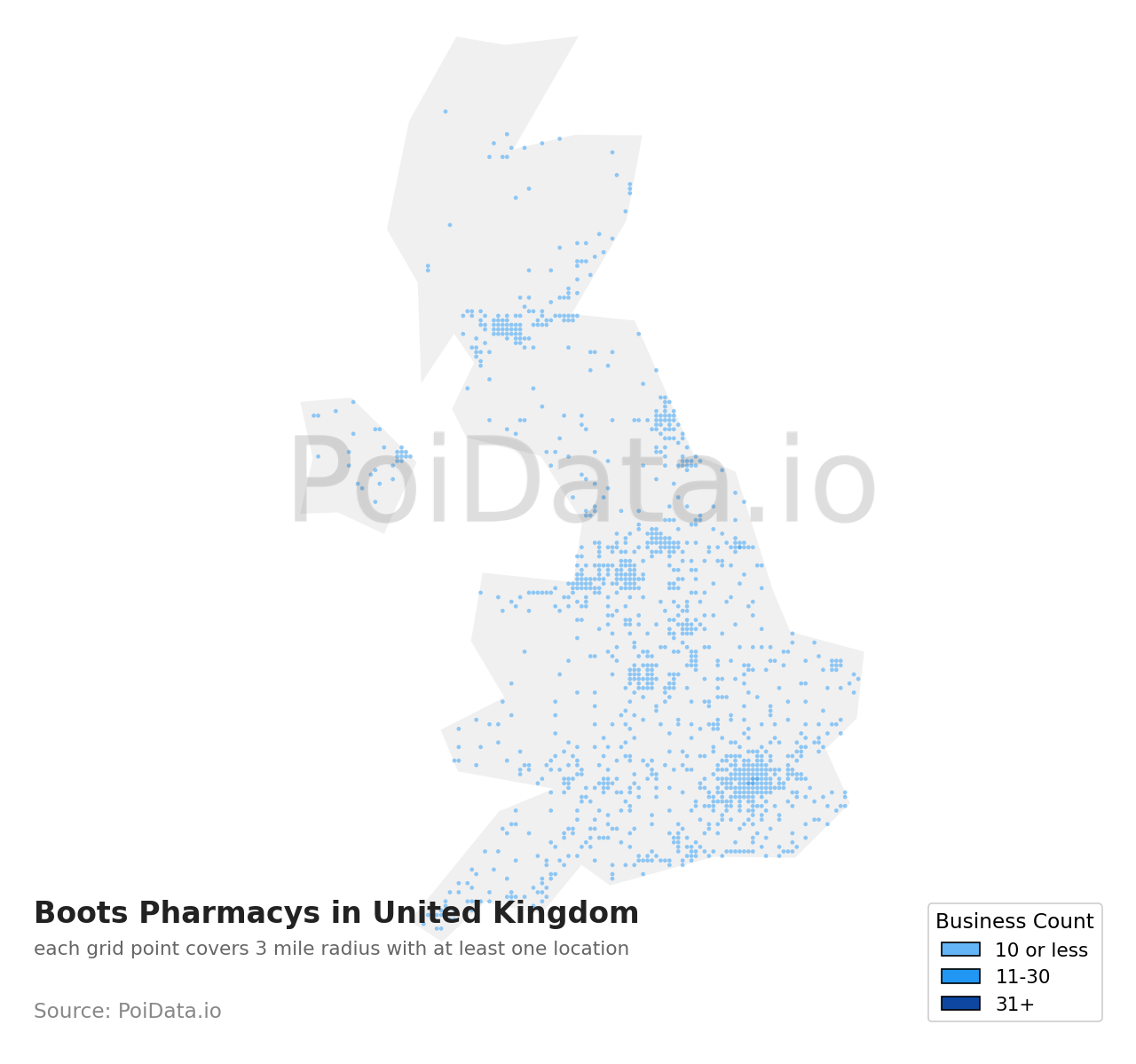 Boots Pharmacy density map for United Kingdom