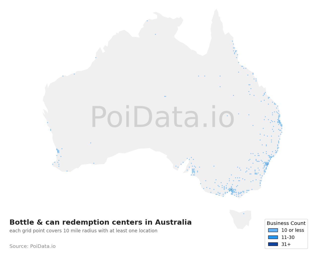 Bottle & can redemption center density map for Western Australia, Australia