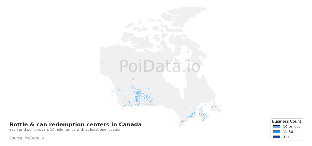 Bottle & can redemption center density map for New Brunswick, Canada