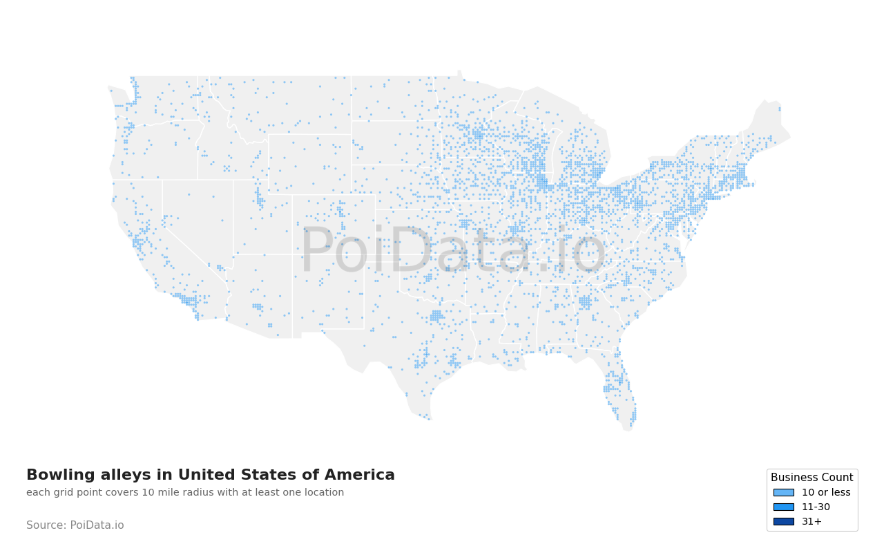 Bowling alley density map for Florida, United States