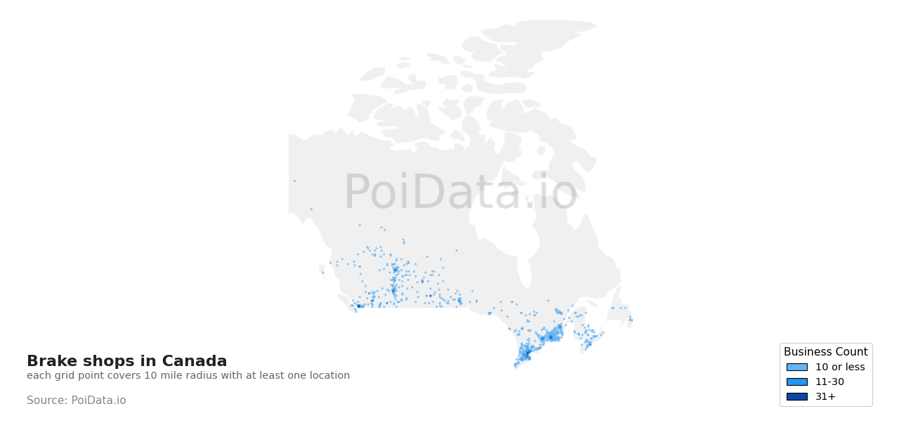 Brake shop density map for Canada