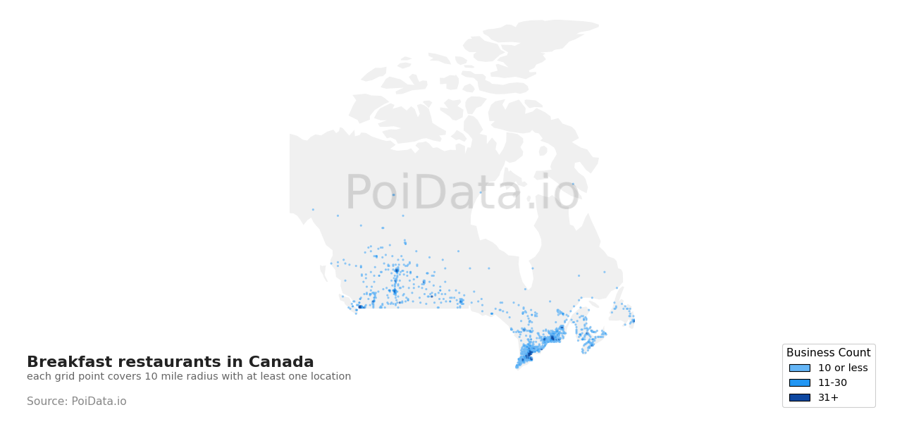 Breakfast restaurant density map for Canada