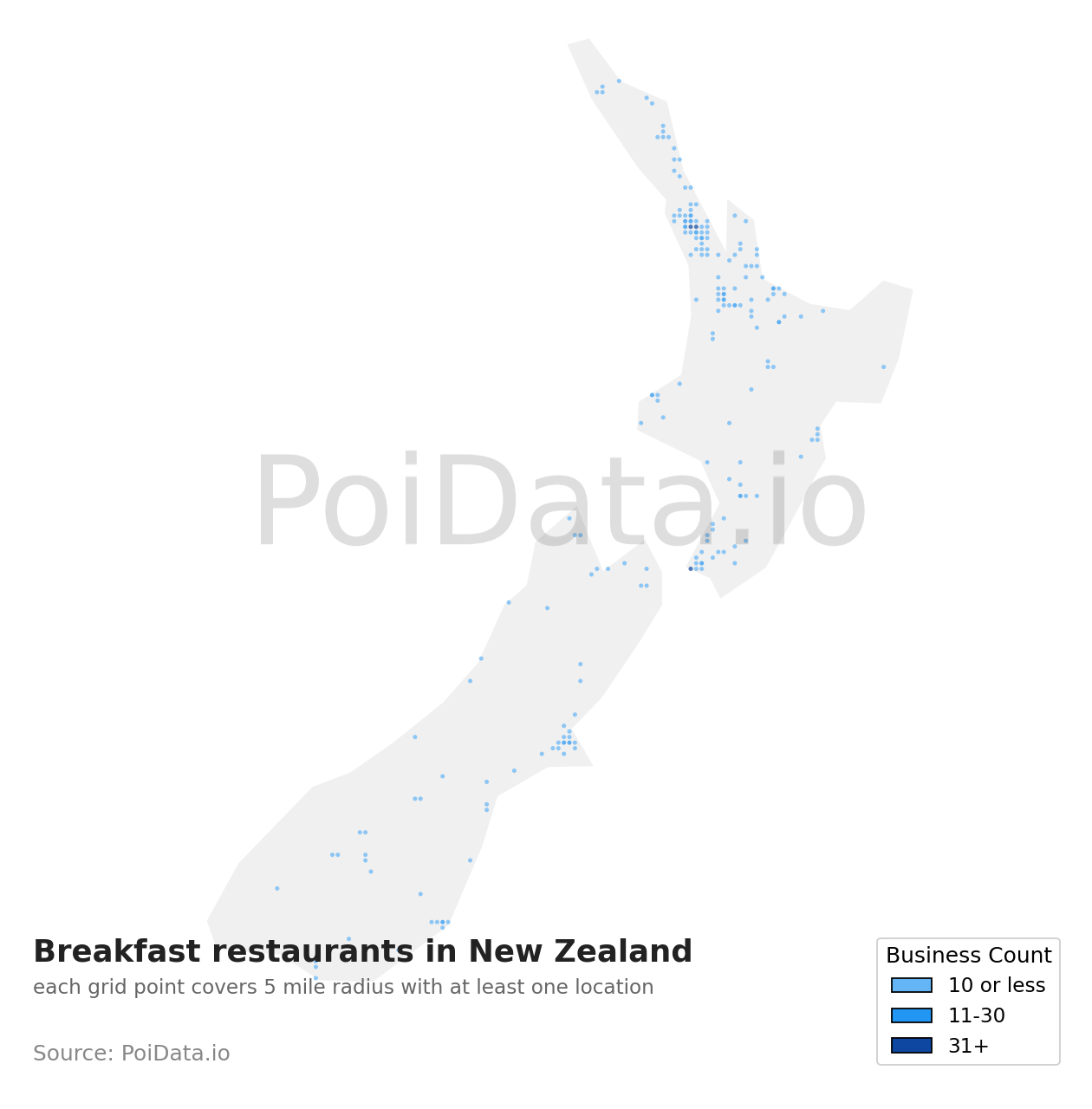 Breakfast restaurant density map for New Zealand