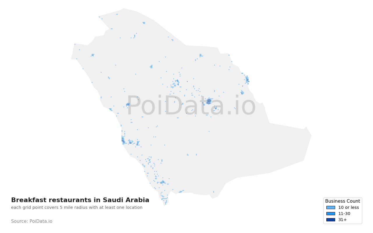 Breakfast restaurant density map for Saudi Arabia