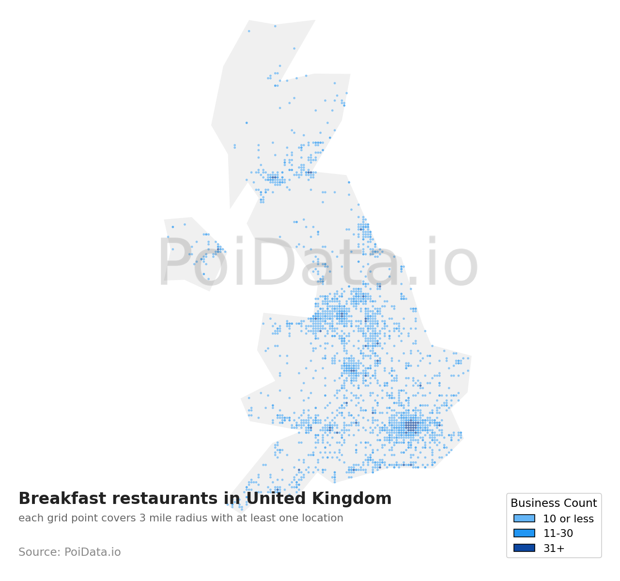 Breakfast restaurant density map for United Kingdom