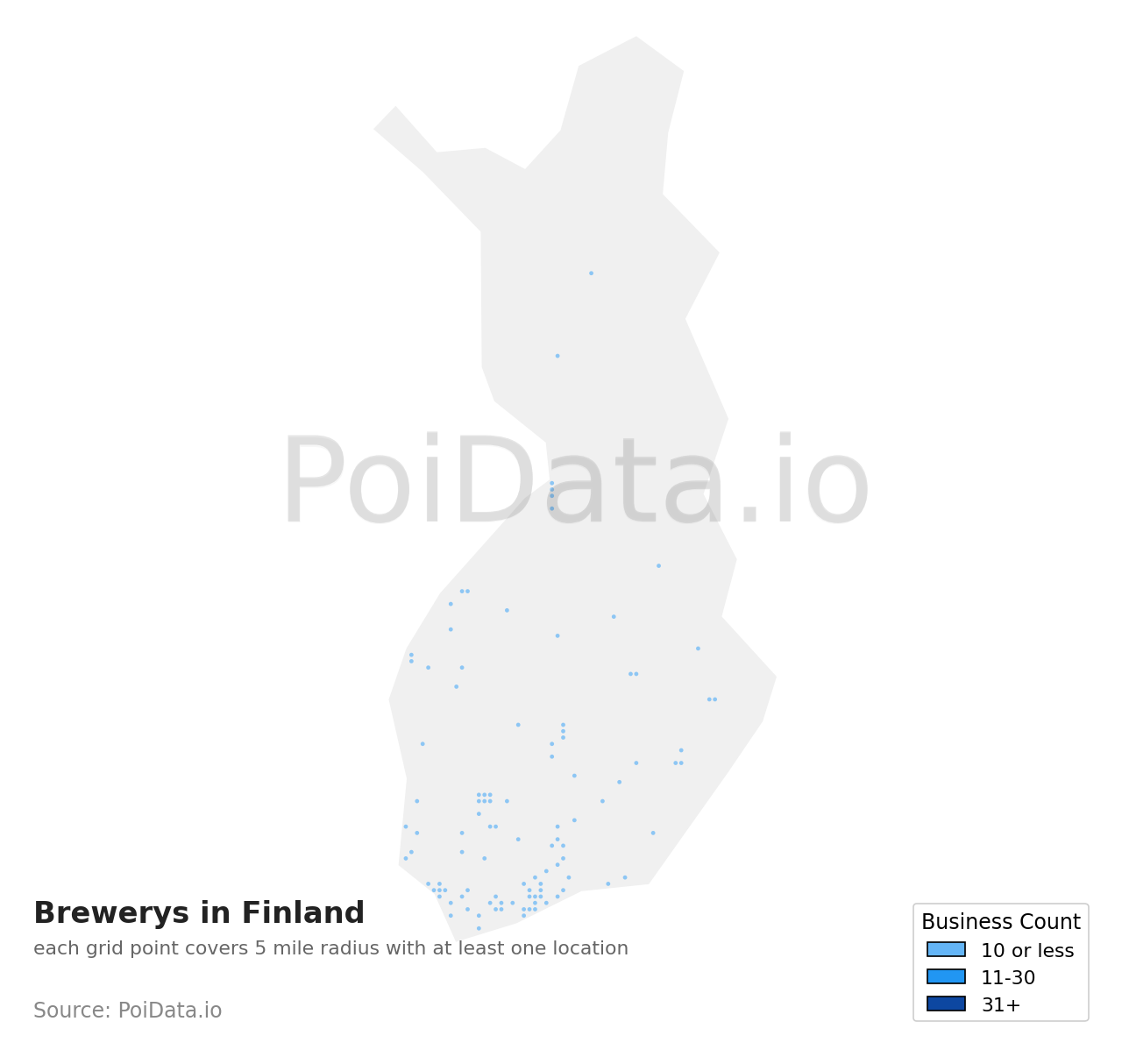 Brewery density map for Finland
