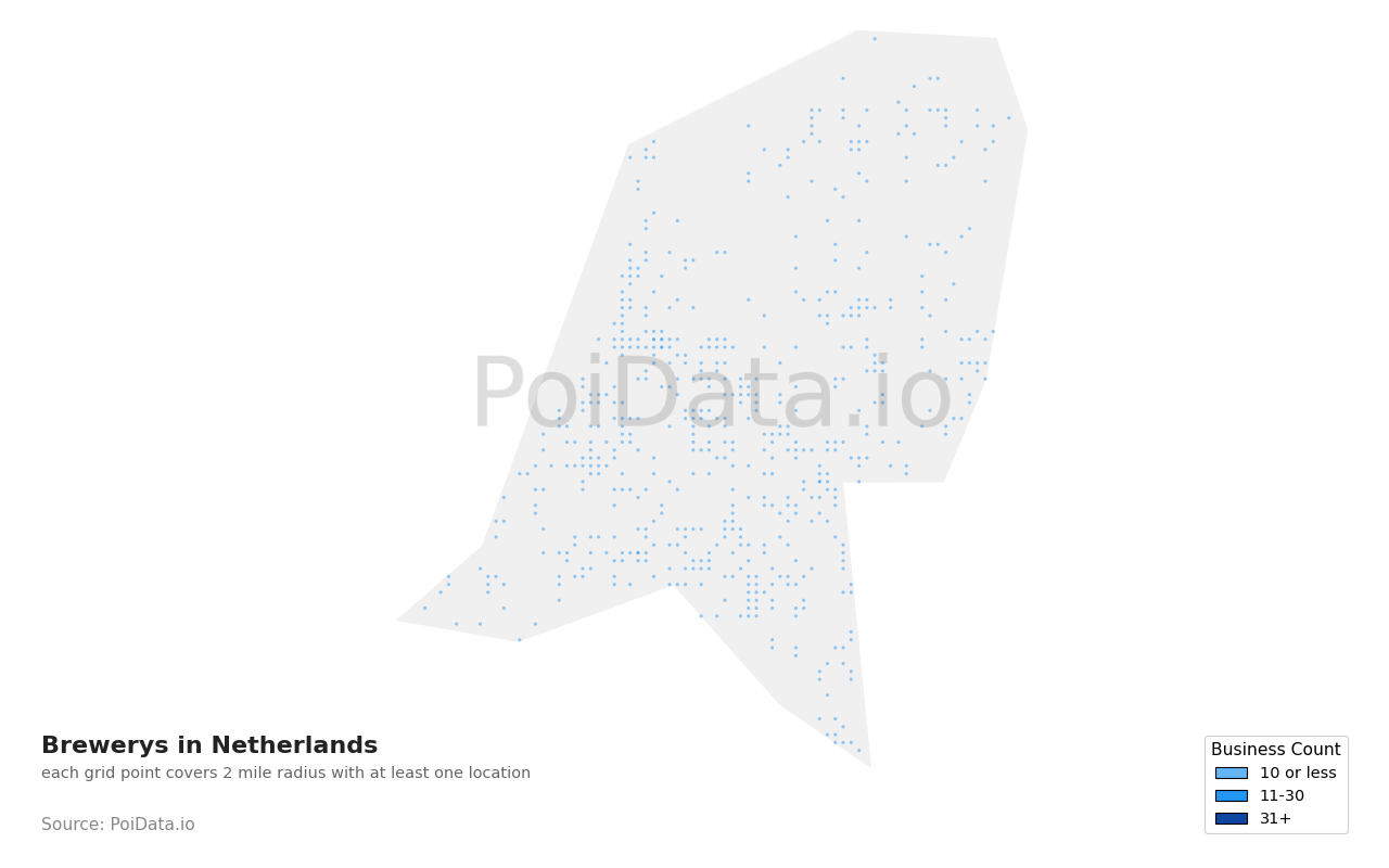 Brewery density map for Netherlands