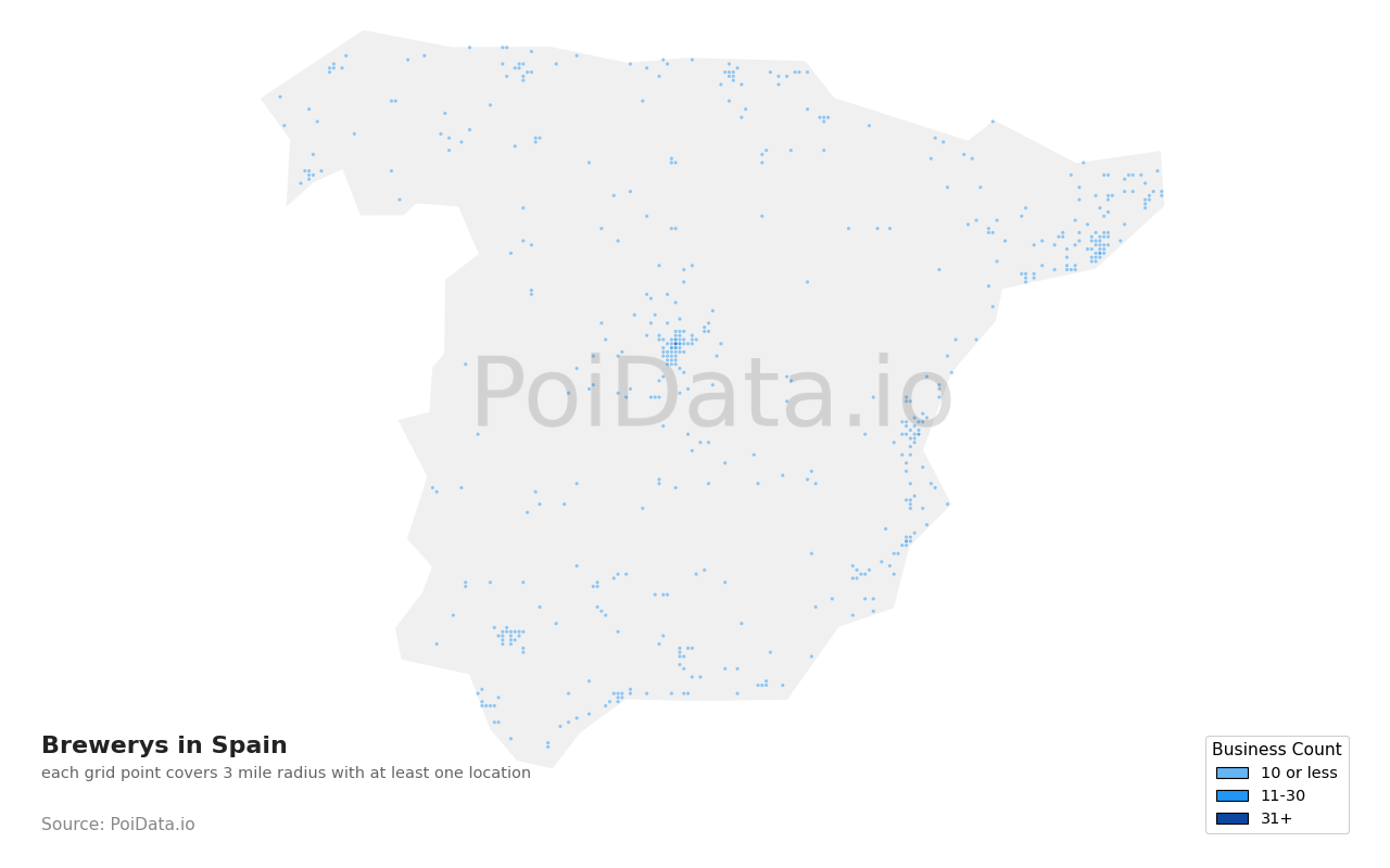 Brewery density map for Spain