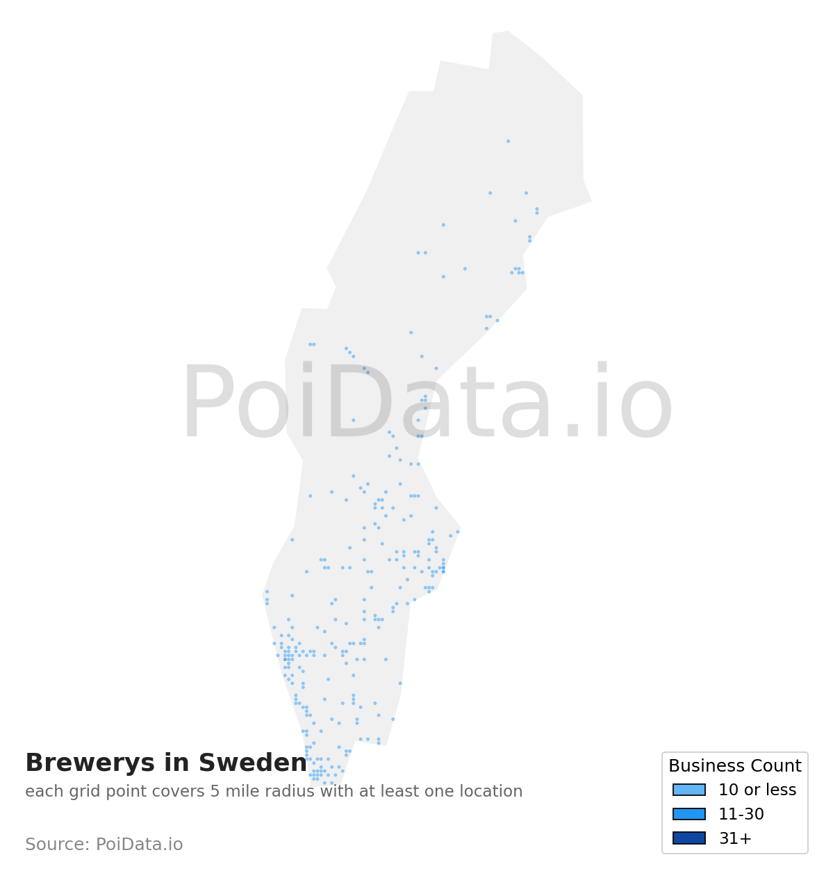 Brewery density map for Sweden