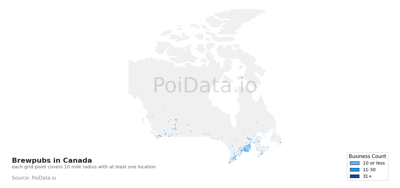 Brewpub density map for Prince Edward Island, Canada