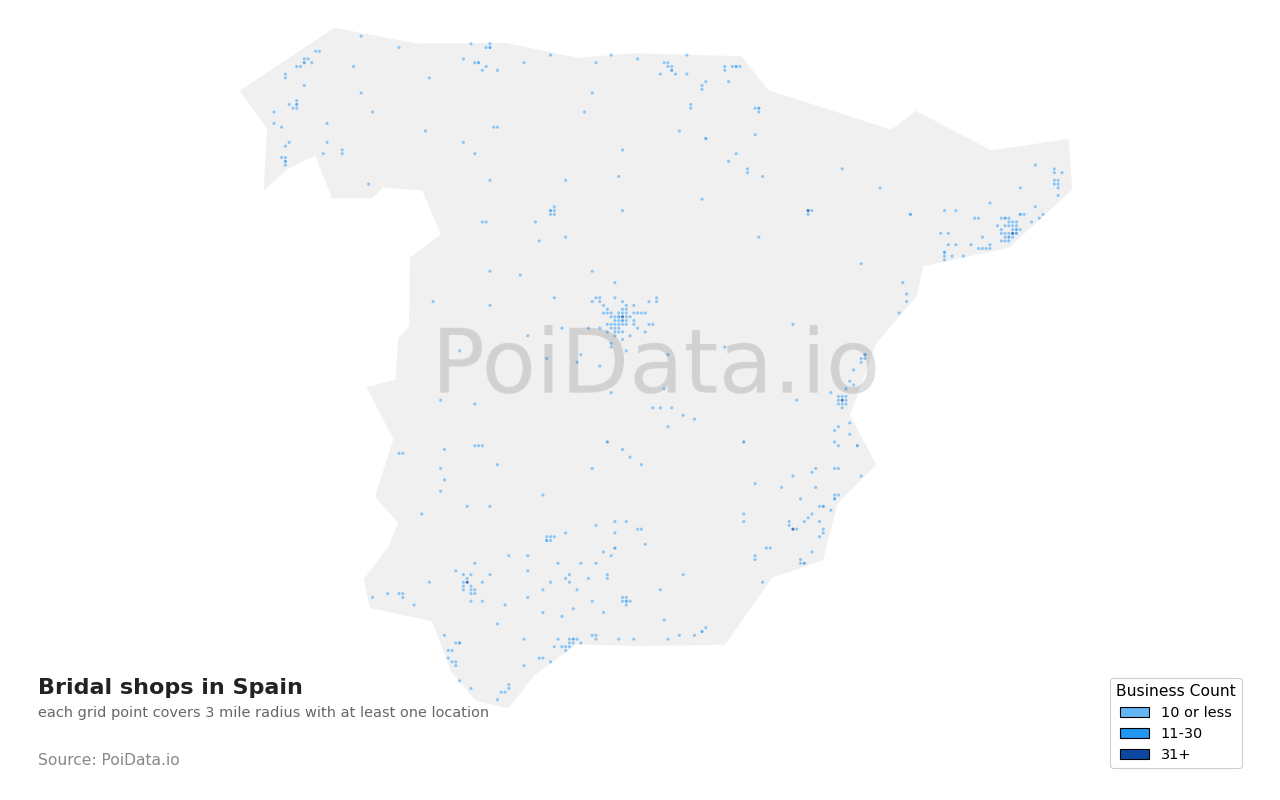 Bridal shop density map for Spain