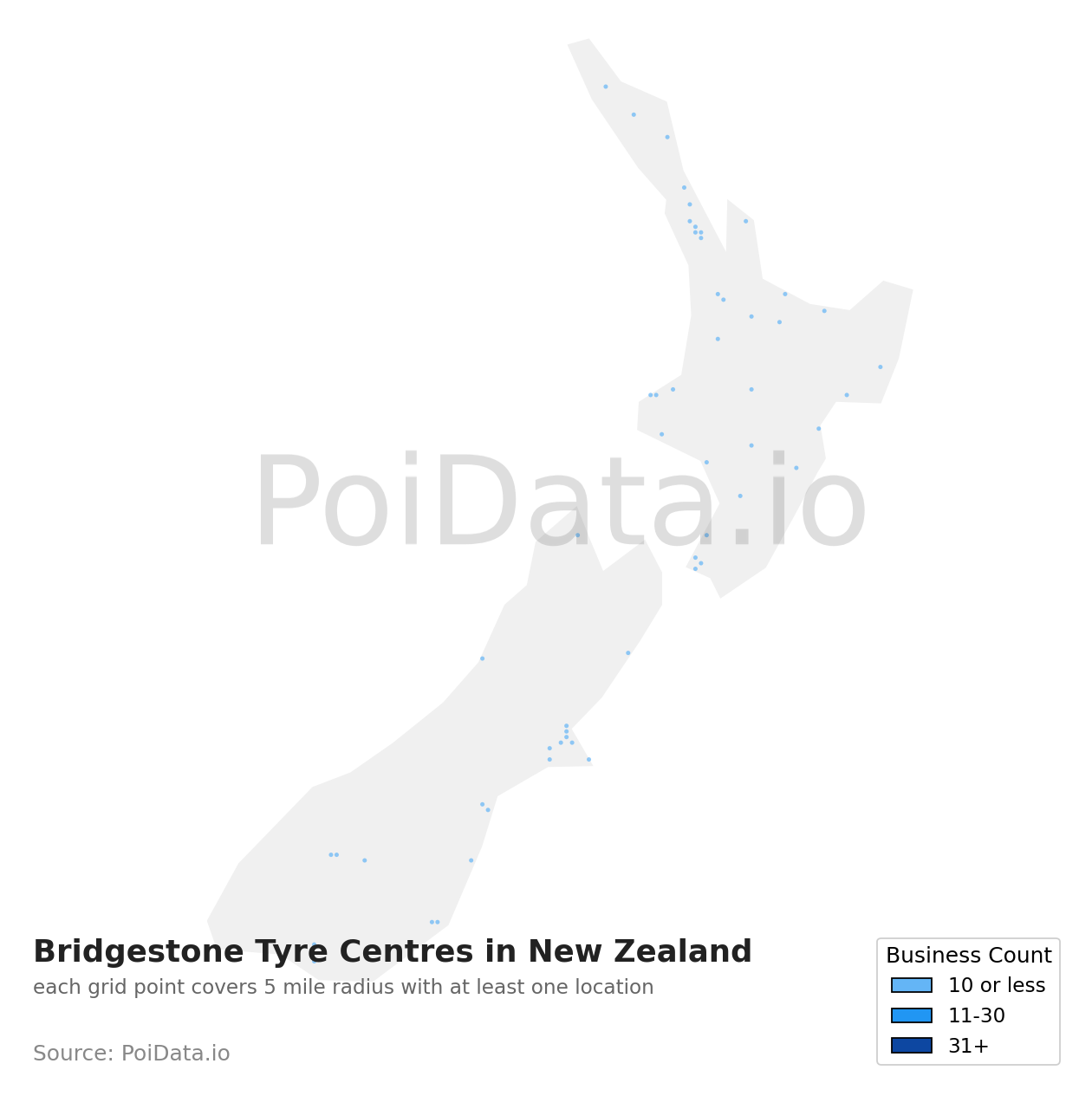 Bridgestone Tyre Centre density map for New Zealand