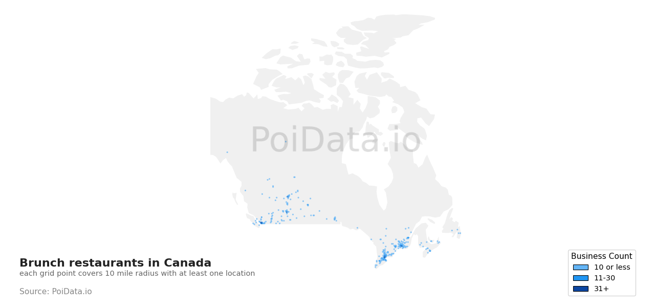 Brunch restaurant density map for Canada