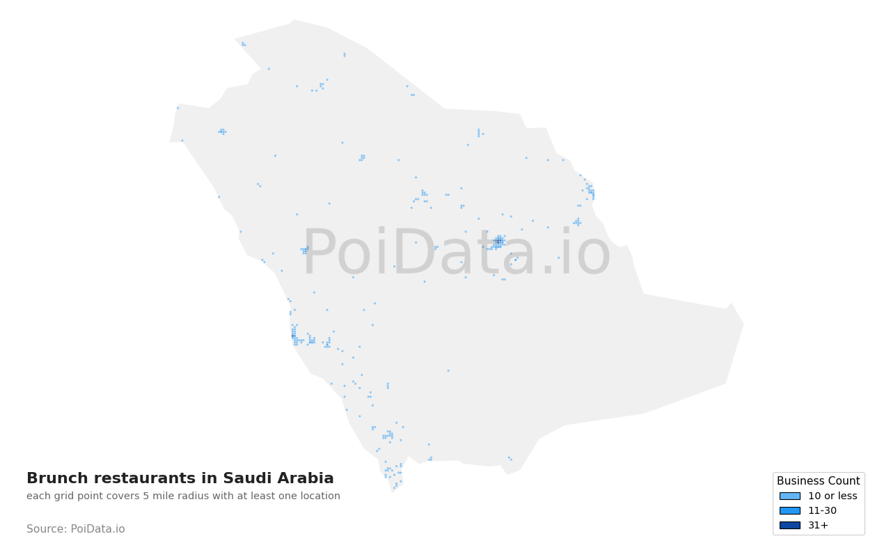 Brunch restaurant density map for Saudi Arabia