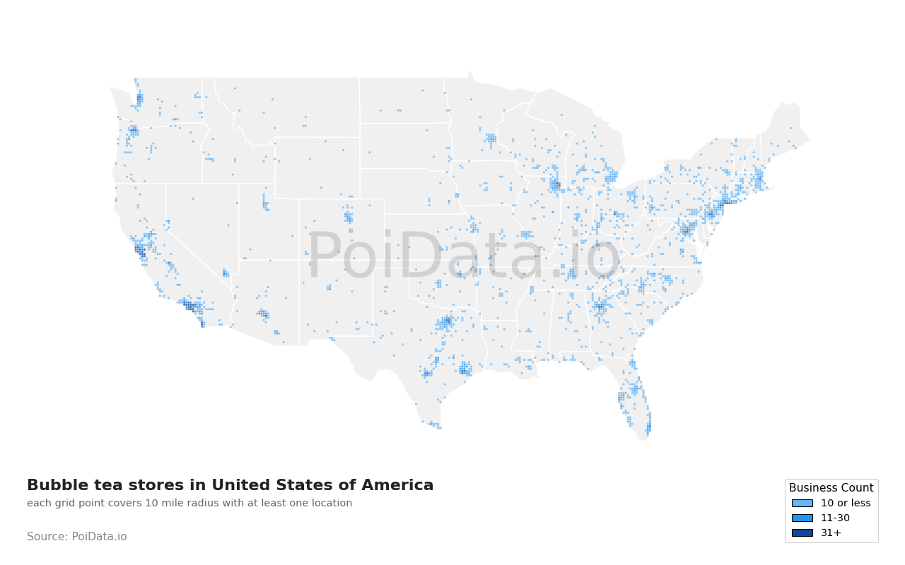 Bubble tea store density map for California, United States