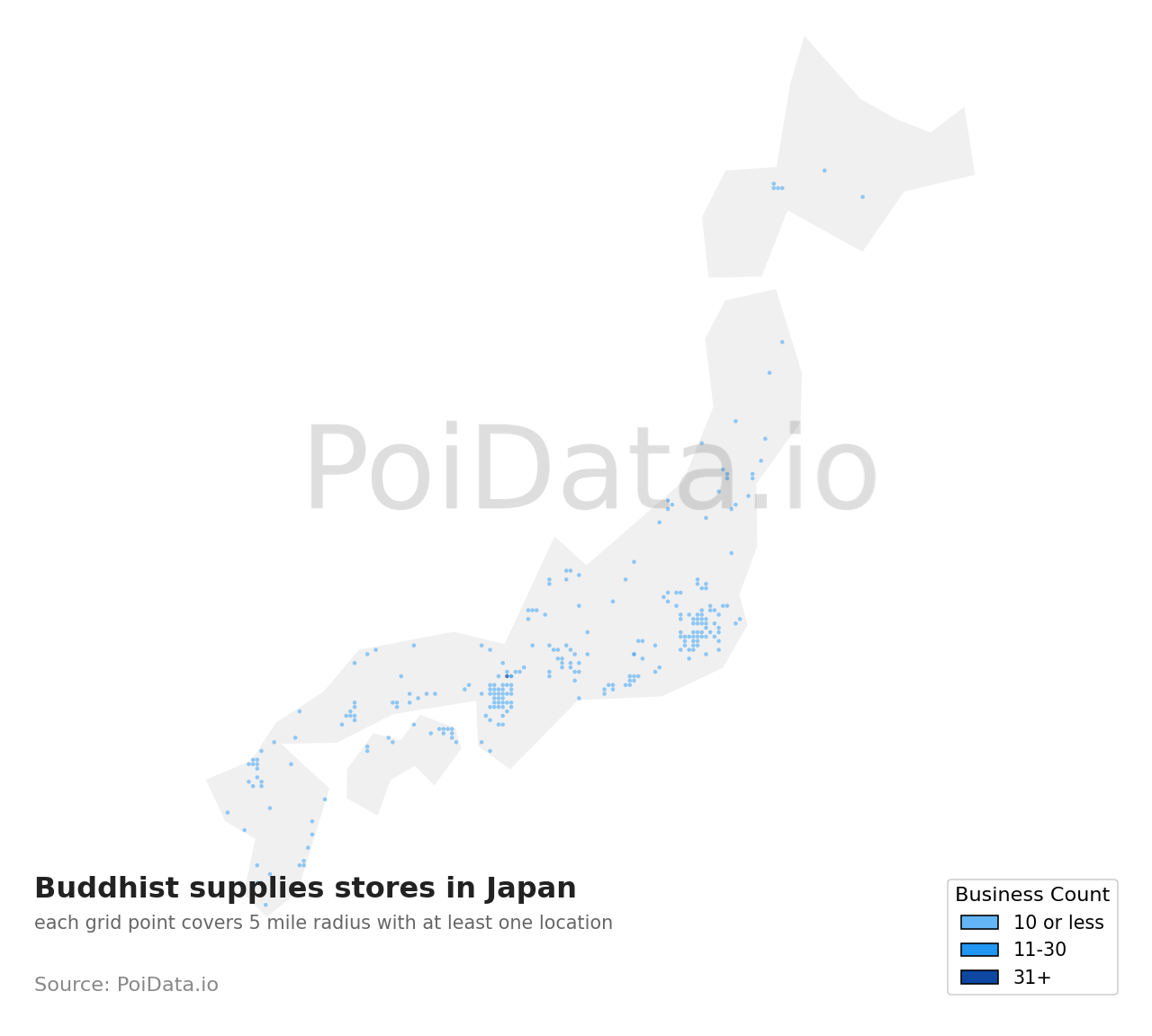 Buddhist supplies store density map for Japan
