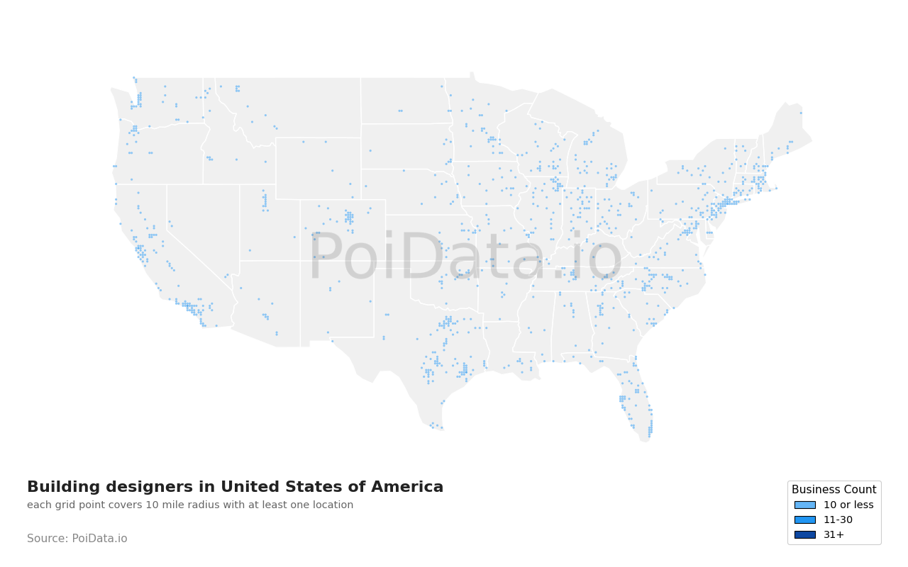 Building designer density map for United States