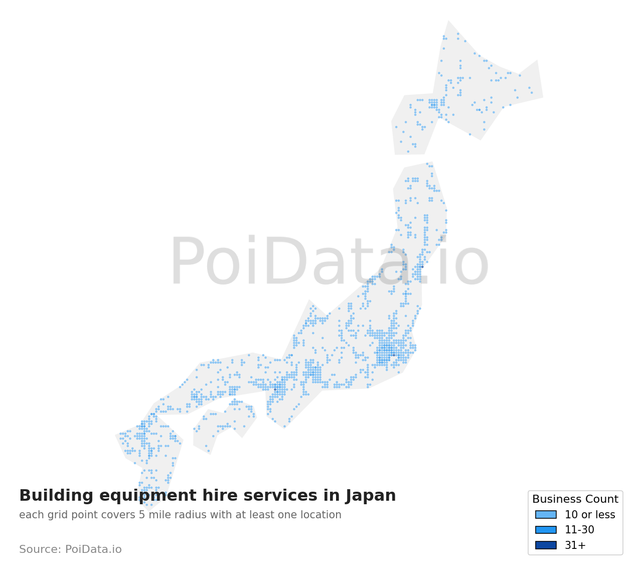 Building equipment hire service density map for Japan