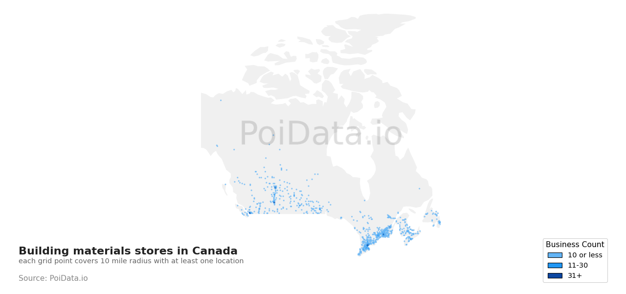 Building materials store density map for Canada