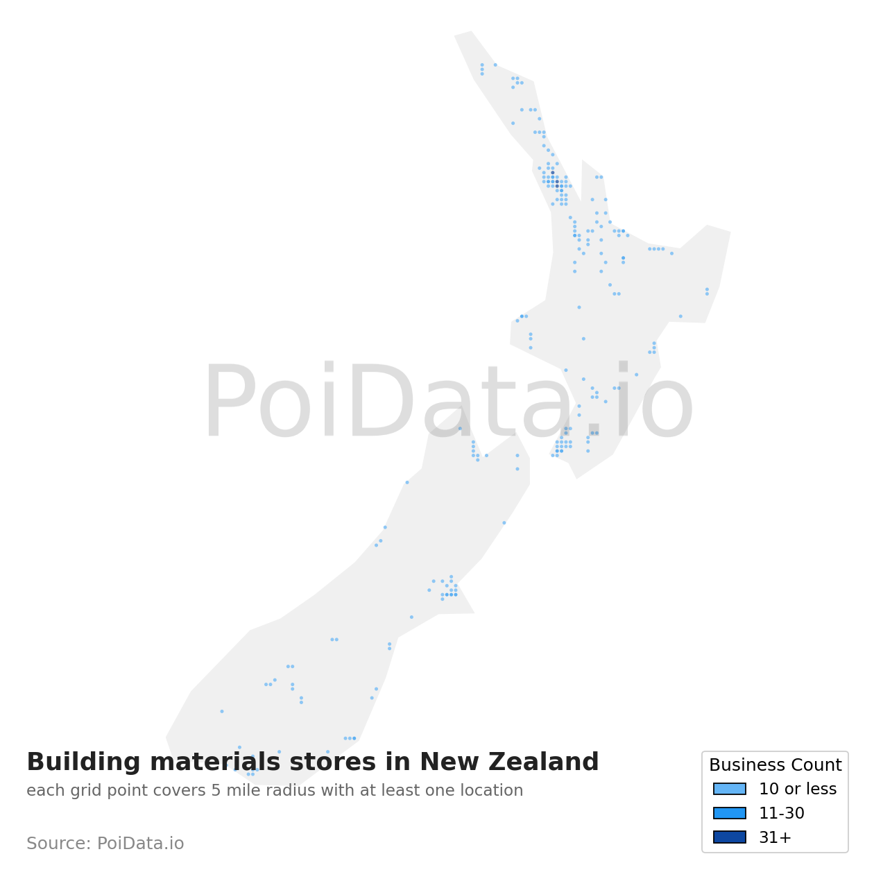 Building materials store density map for New Zealand