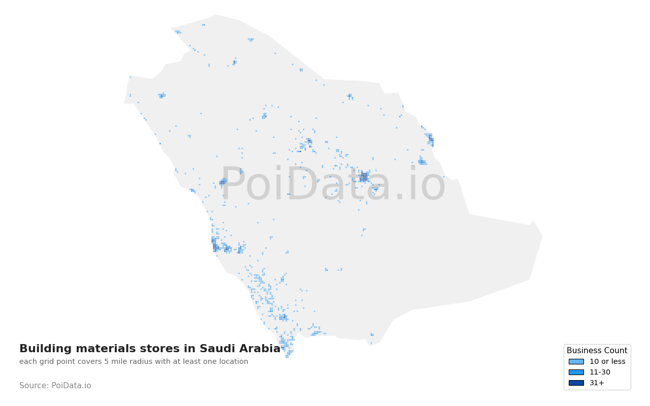 Building materials store density map for Saudi Arabia