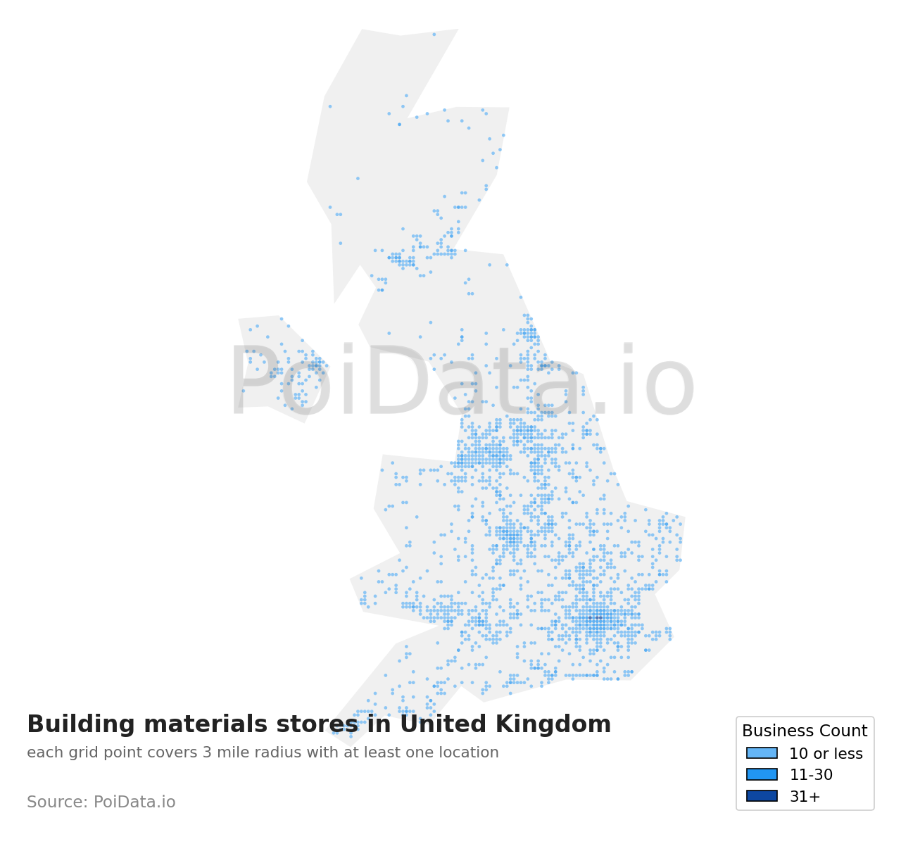 Building materials store density map for United Kingdom