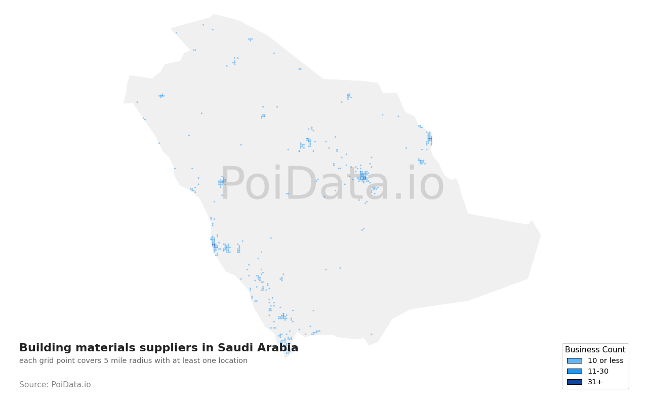 Building materials supplier density map for Saudi Arabia