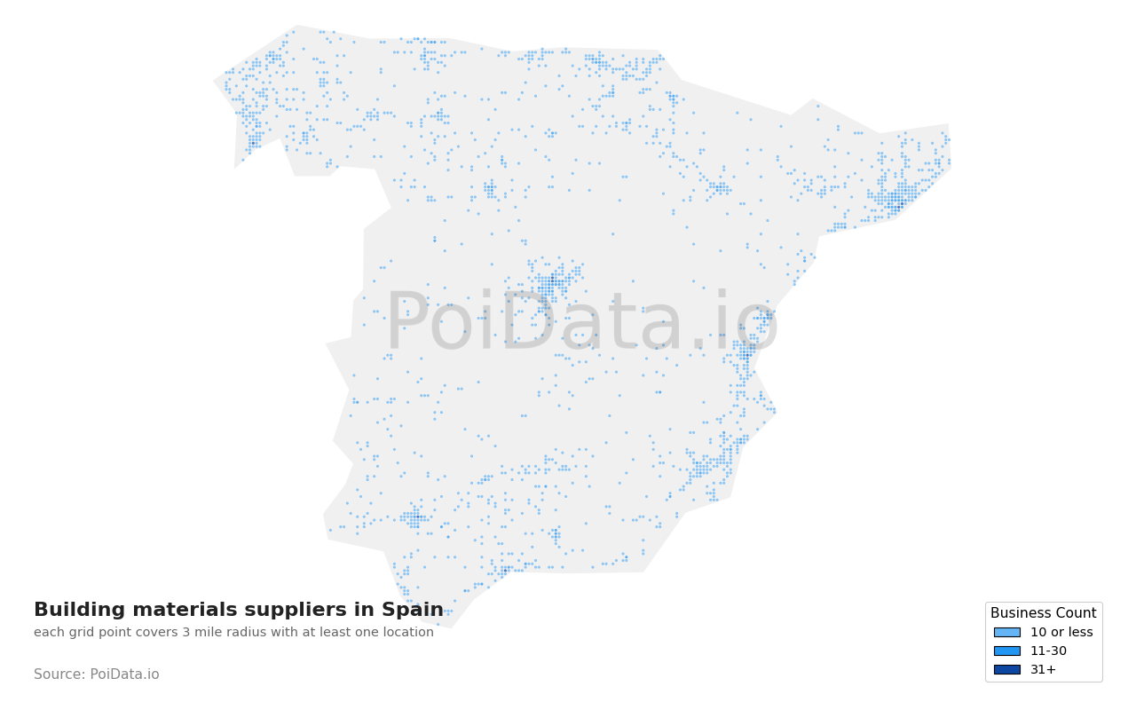 Building materials supplier density map for Spain