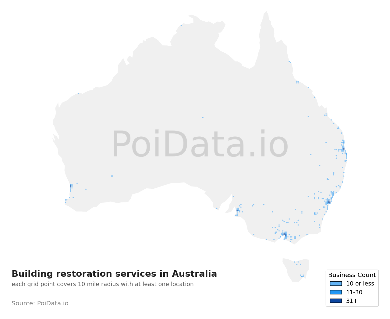 Building restoration service density map for NSW, Australia